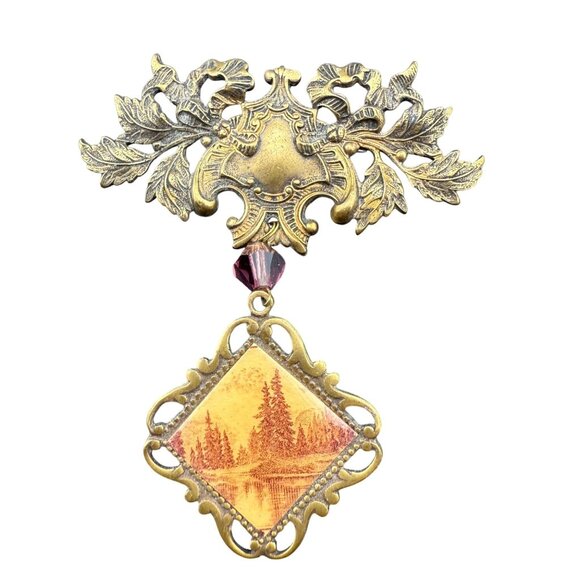 Handcrafted Bronze Brooch With Ornate Leaf Design & Autumn-Inspired Pendant By T - Picture 1 of 5